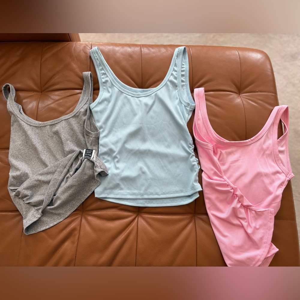 Lot of 3 Size Medium tanks w/ruched sides - Pink, Blue, and Gray